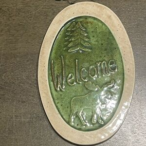 Oval Plaque Welcome With Moose, By Clay Impressions USA Made green handcrafted
